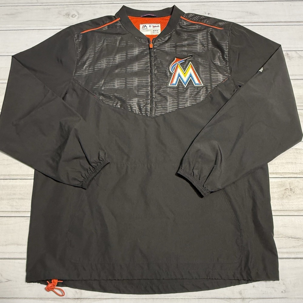 Majestic Miami Marlins Jacket Mens Medium Black MLB 1/4 Zip Cage Windbreaker